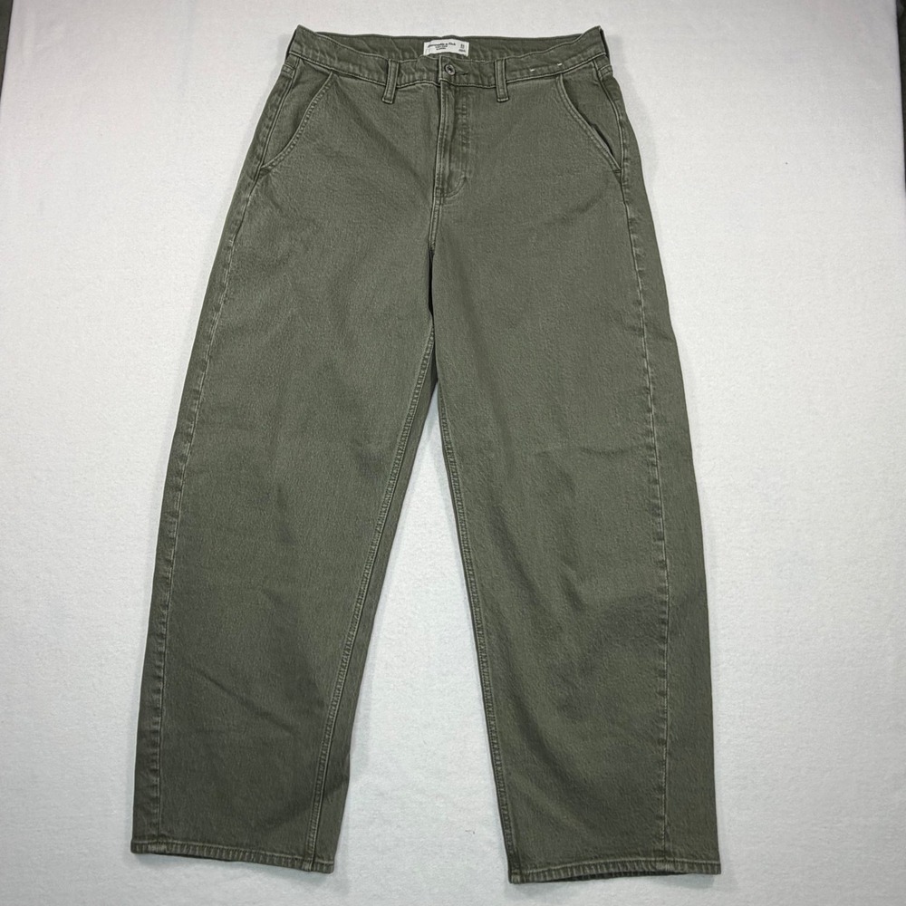 Abercrombie & Fitch High Rise Barrel Jeans Olive Green 31 Long Curved Leg